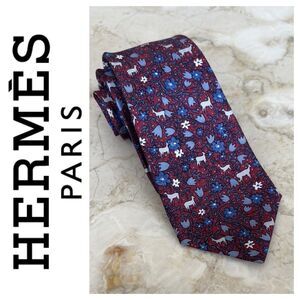 Hermès 100% Silk Printed Tie Floral & Deer